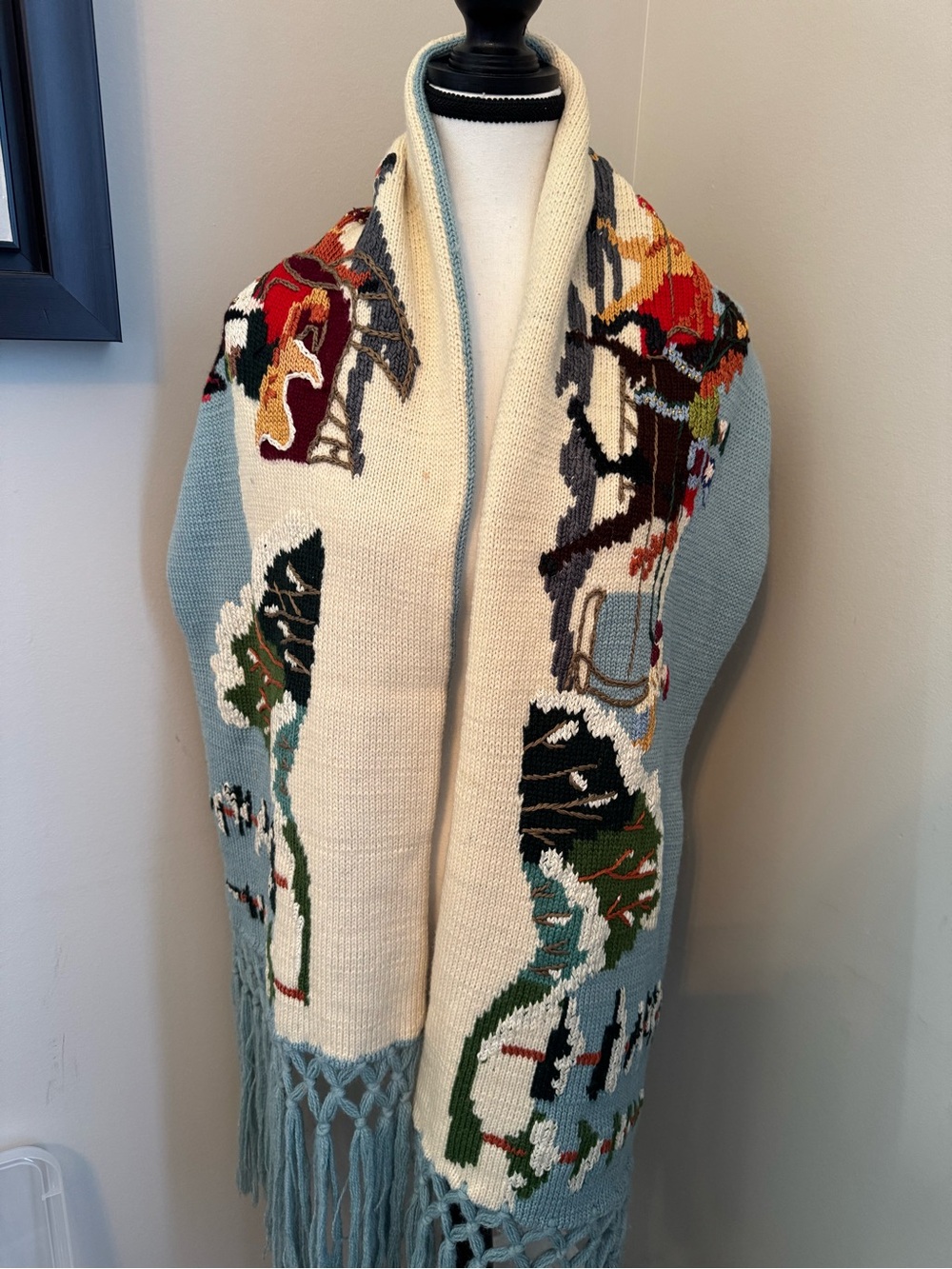 Vintage Berek Marta D 100% Wool Horse Sleigh Shawl Wrap Fringe Uruguay 84 Inch